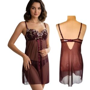 NEFER Burgundy Embroidered Mesh Babydoll - Size M